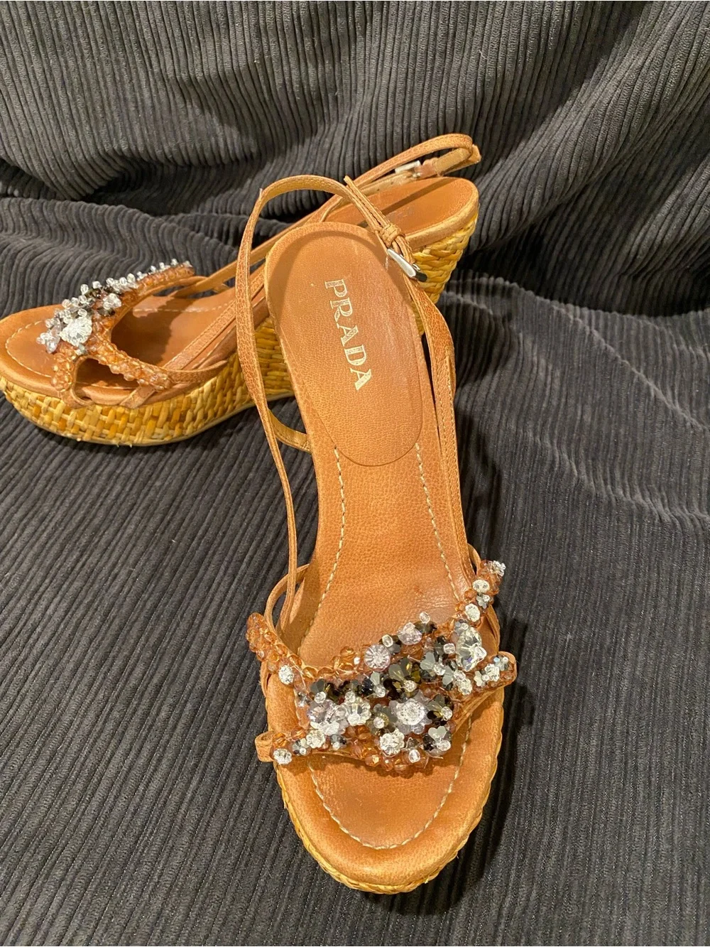 Prada Tan Crystal-Embellished Wedge Sandals